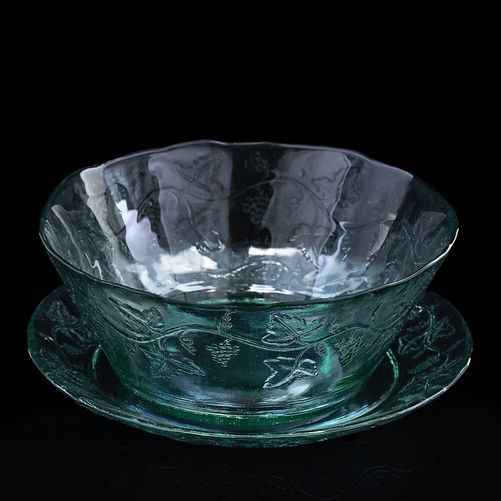 Vintage Spanish Artisan Bowl & Charger Set w/Grape & Vine Embossed Art Glass EUC